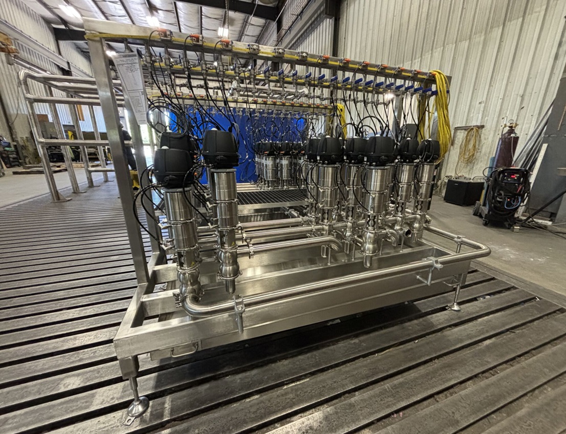 A stainless steel liquid process valve matrix ready for delivery and installation